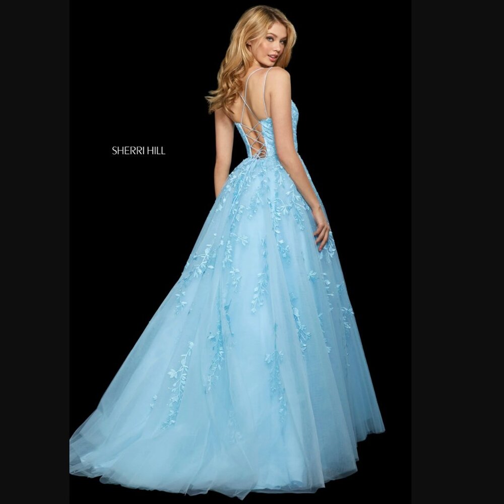 Sherri Hill 53116 Light blue Floral Lace Appliqued Lace-up Back size 4 - Picture 2 of 2